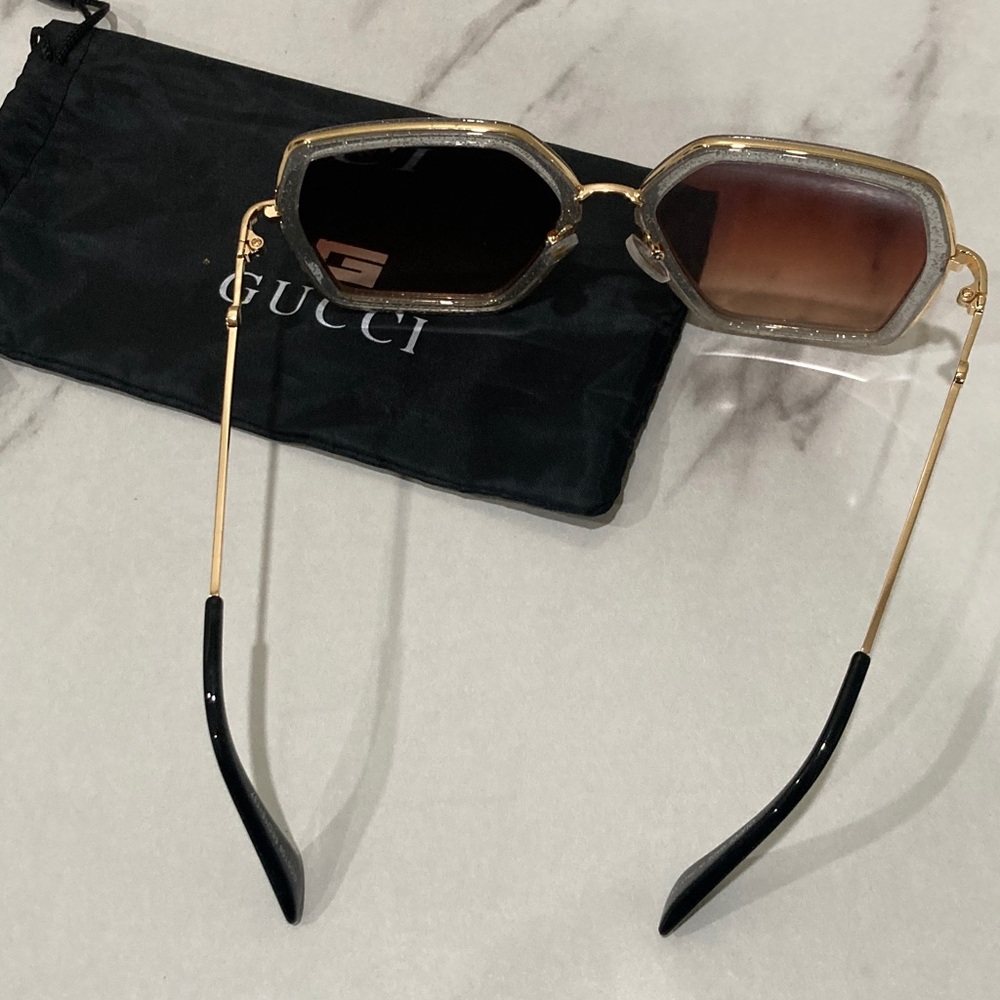 Gucci Gold Frame Sunglasses with Brown Lenses and Black Tips - Picture 16 of 16